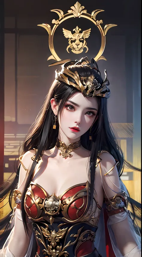 1 very beautiful medusha queen in hanfu, thin red silk shirt with many yellow motifs, black lace top, crown on her head, long ha...