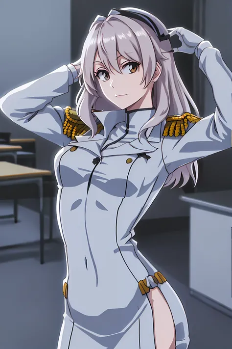 white skinned,White navy uniform,The chest is small,The upper part of the body,In an empty classroom,Superb beauty