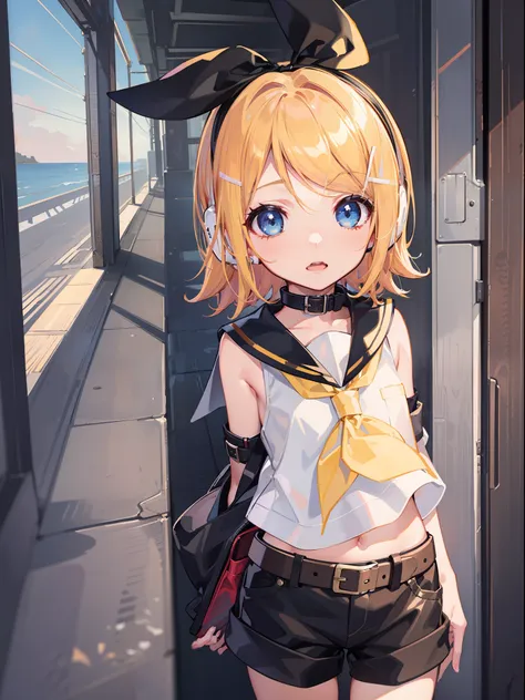 best quality, ultra precision, one girl, (kagamine_rin), blue eyes, sailor collar, black short pants, sleeveless, headphone, bel...