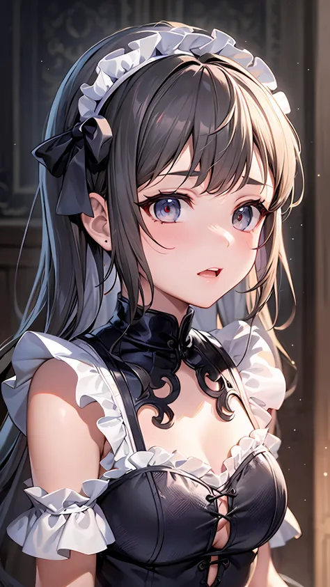 close up portrait of woman in dress in white and black dress、gothic otome anime girl、anime girl wearing a black dress、cute anime...