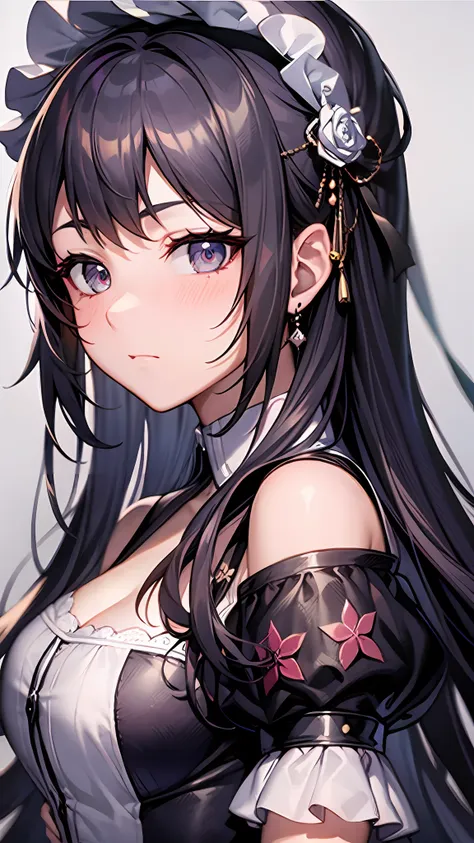 close up portrait of woman in dress in white and black dress、gothic otome anime girl、anime girl wearing a black dress、cute anime...