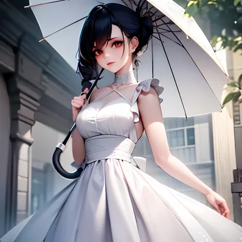 anime girl in white dress holding up an umbrella in front of the building, guviz-style artwork, guviz, cute anime waifu in a nic...