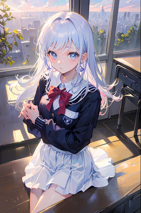(Daisaku,Best Picture Quality:1.4),ultra - detailed,illustration,(solo,1girl,),Classroom,校服,white hair,blue eyes,high school senior