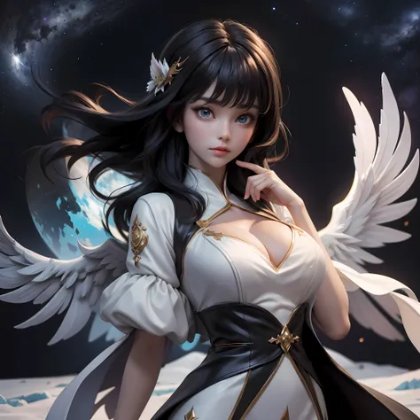 An angel girl,(best qualtiy,8K,tmasterpiece:1.3),Goose egg face,largeeyes,long eyelasher,With bangs,Cool handsome,Domineering,Exquisite(live-action realistic style),Ultimate face,Photorealistic light and shadow,Star-like eyes, Huge wings,White wings,(Super...