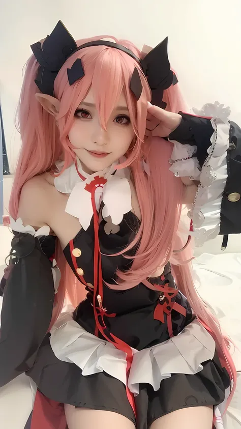 Close-up of a person in costume on a bed, Anime girl cosplay, Anime cosplay, cosplay foto, cosplay, rpgmaker, pink twintail hair and cyan eyes, Anime girl in real life, Gorgeous Role Play, full-cosplay, professional cosplay, Anime goddess, Ayaka cosplay, g...