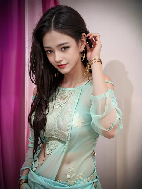 Best quality, masterpiece, ultra high res, (photorealistic:1.4), raw photo, 1girl, offshoulder, in the dark, deep shadow, low key, cold light,wearing a traditional saree, [huge breasts: 1.5] , large boobs, barely covered boobs, seductive smile, pokies