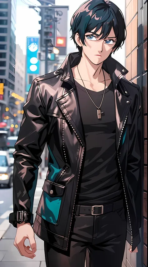 close-up of a man in a jacket and necklace, handsome anime pose, anime handsome, tall anime guy with blue eyes, men's anime styl...