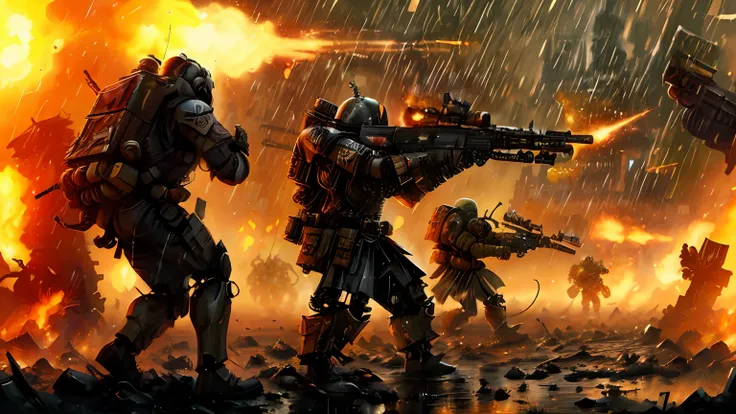 a group of soldiers with guns and fire in the rain, warhammer 40k style, warhammer 4 0 k artwork, warhammer 4k, warhammer 4 0 k!...