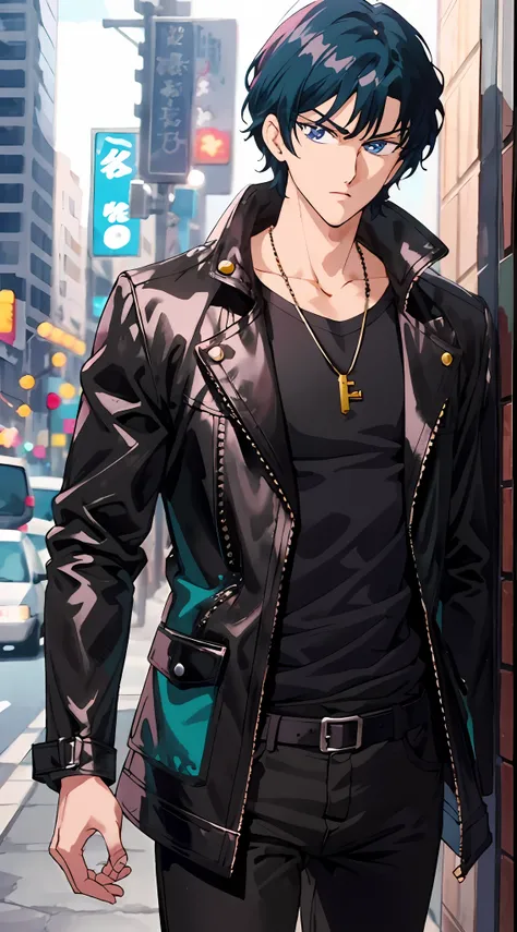 close-up of a man in a jacket and necklace, handsome anime pose, Anime handsome, Tall anime guy with blue eyes, Mens Anime Style, handsome guy in demon slayer art, Young anime man, Anime Artstyle Trigger, realistic art style, Male anime character, key anim...