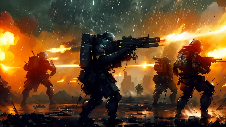 a group of soldiers with guns and fire in the rain, wojtek fus, soldiers and mech fight, mech machines firing bullets, dan mumfo...