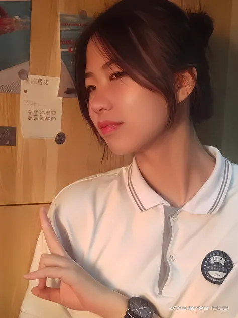 The Araved woman in a white shirt pointed to her phone, inspirado por Kim Jeong-hui, 🤤 girl portrait, Wearing a polo shirt, Choi Hyun-hwa, Gemma Chen, with short hair, wan adorable korean face, xintong chen, lofi-girl, wenfei ye, personal profile picture, ...