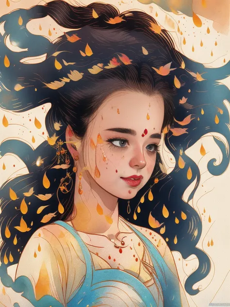 one very beautiful woman,The hair was long,Watery eyes,Halflings,in the water,There are a lot of carp around the woman,Illustration style,Watercolor illustration,There are water droplets,Has tear moles