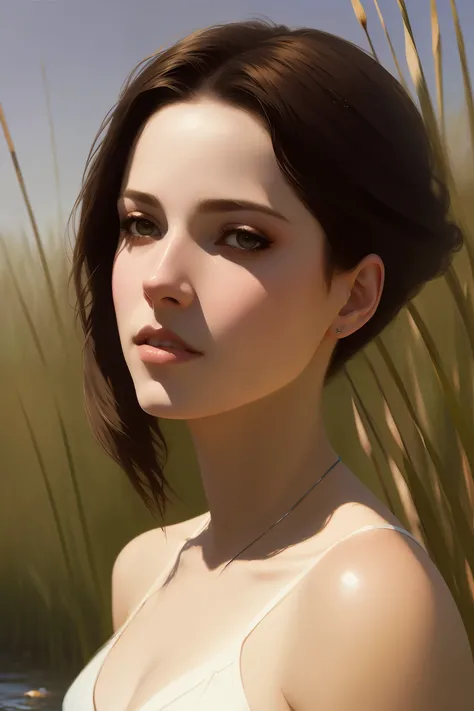 close up portrait of a cute woman (gldot) bathing in a river, reeds, (backlighting), realistic, masterpiece, highest quality, lens flare, shade, bloom, [[chromatic aberration]], by Jeremy Lipking, by Antonio J. Manzanedo, digital painting,