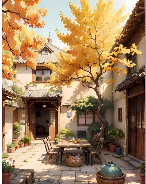 draw a courtyard with tables and chairs and a tree, chinese courtyard, the structure of the house is simple in chinese, warm lat...