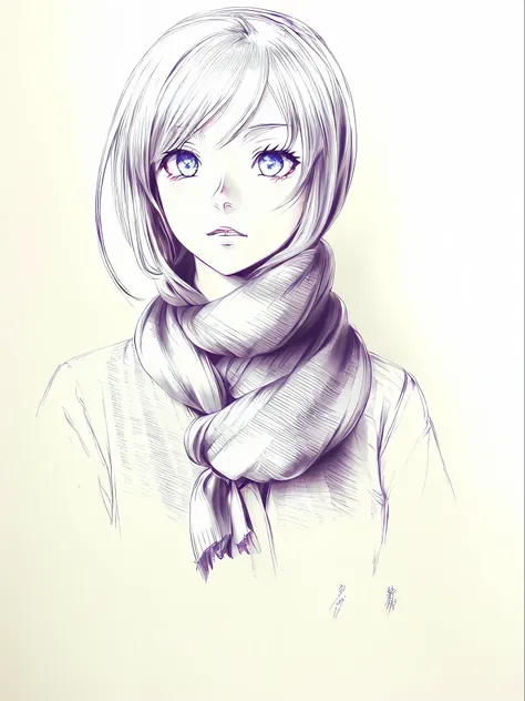 draw a girl with long hair and scarf, anime sketch, anime shading), loose pencil sketch, stunning anime face portrait, a beautif...