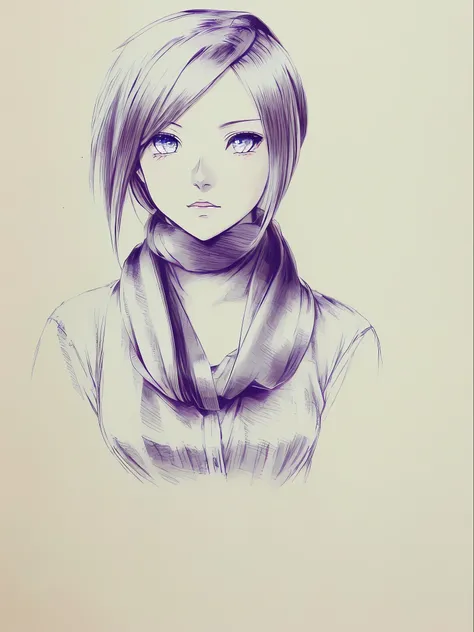 Draw a girl with long hair and scarf, anime sketch, anime shading), loose pencil sketch, Stunning anime face portrait, a beautiful anime portrait, Detailed anime face, Detailed anime soft face, detailed portrait of an anime girl, Anime Paintings, cool shad...
