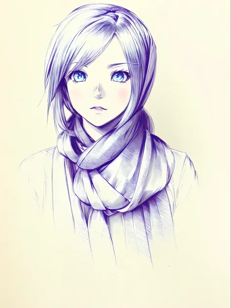 Draw a girl with long hair and scarf, anime sketch, anime shading), loose pencil sketch, Stunning anime face portrait, a beautiful anime portrait, Detailed anime face, Detailed anime soft face, detailed portrait of an anime girl, Anime Paintings, cool shad...