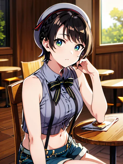 subaru_suspenders, french braid, grey shirt, bare arms, black bowtie, blue shorts, midriff, grey headwear, grey socks, sitting at table, sitting on a chair BREAK cafe, lunch, fancy cafe, desert, cozy cafe, daytime, sunny, BREAK 2d, masterpiece, best qualit...