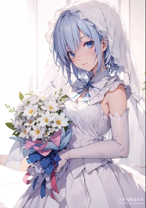 anime - stylistic image of a bride in a wedding dress holding a bouquet, rem rezero, a skirt，guviz, anime moe art style, zerocha...