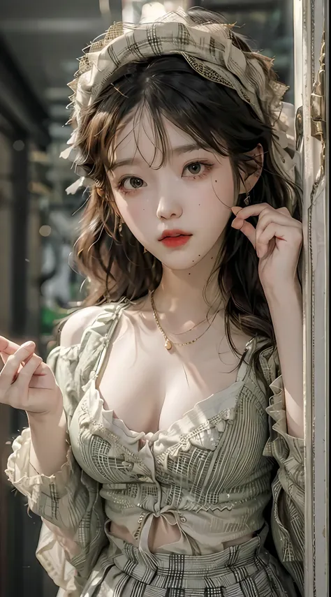Unbeatable masterpiece,Perfect artwork,((Perfect female image)),short detailed hair,redheadwear,plumw,huge boob,photorealestic,独奏,(Fidelity:1.4),best qualtiy,超高分辨率,1girll,chinaware,Kpop ido,full bodyesbian,Wear an ultra-short pleated skirt, Wear light gree...