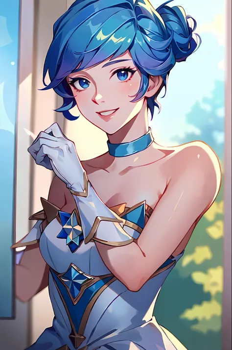 (masterpiece:1.4), (best quality:1.2), star guardian orianna, blue hair, hair bun, ballerina, short dress, white gloves, smile, ...