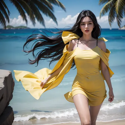 seaside long-haired beauty yellow people busty body full body 8k surrealism textured skin masterpiece --auto