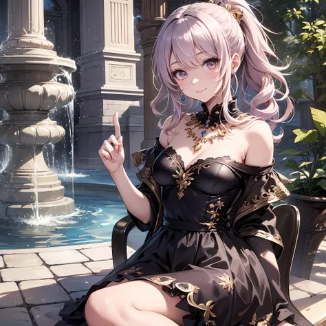 detailed, adult girl sitting, her legs crossed, elegant fountain, (detailed finger:1.3),  (waved hair + lightberry hair), prince...