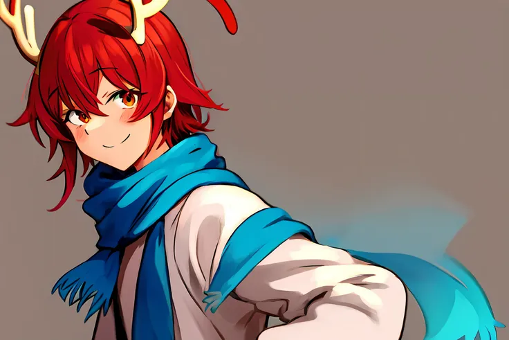 Smile manga boy,red hair,There are red antlers in the hair,orthofacial,Only the upper body is exposed,white backgrounid,Wear a light blue scarf,Wear a white sweatshirt,tmasterpiece,facing at camera
