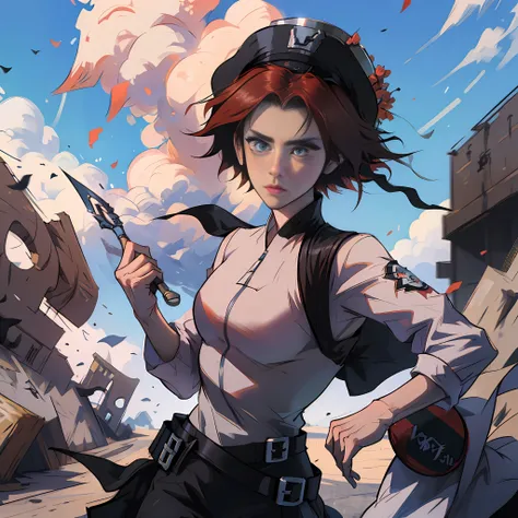 Ciel,Honkai III,Heishi,Short black and red hair,quadratic element,highly accurate,cap,schoolgirls --auto