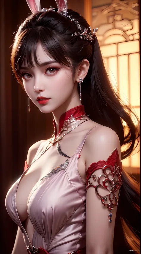 1 beautiful girl in beautiful hanfu costume, thin red silk shirt with many yellow motifs, black lace top, light pink rabbit ears, long hair dyed pale purple platinum, beautiful hair jewelry, pretty face cute pretty face, perfect face, earring jewelry, anti...