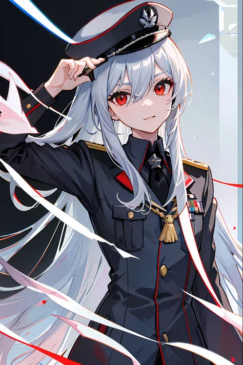 white hair, shy and uniformed red eyes