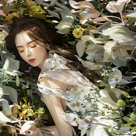 asian girl lying on grass with eyes closed, wearing a slip silk dress，woman in flowers, girl in a bed of flowers, inspired by ko...