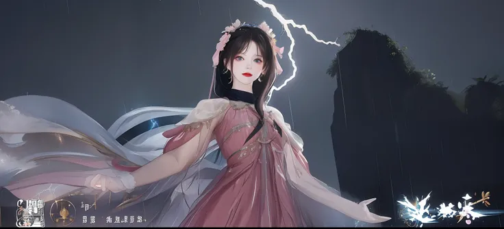 In the rain stood a woman in a garland and a pink dress, goddess of lightning,Crush the darkness with thunder