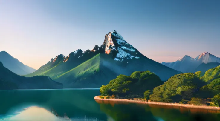 a beautiful korean mountain with lake, (masterpiece), (portrait), (raw photo), (extremely detailed cg unity 8k wallpaper) intric...