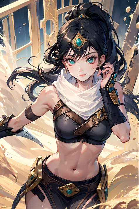 masterpiece, best quality, sivir, circlet, white scarf, bandeau, gauntlets, pelvic curtain, upper body, shiny skin, large breast...