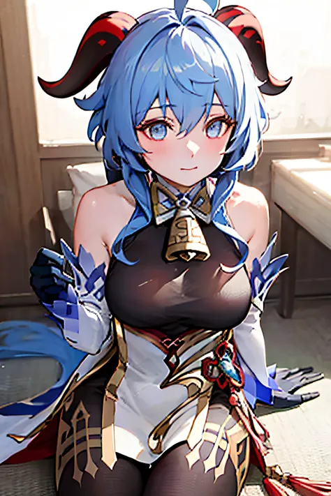 (photorealistic:1.4), (masterpiece, sidelighting, finely detailed beautiful eyes: 1.2), masterpiece*portrait, realistic, 3d face,
ganyu (genshin impact), 1girl, ahoge, architecture, bangs, bare shoulders, bell, black gloves, black pantyhose, (blue hair), ...
