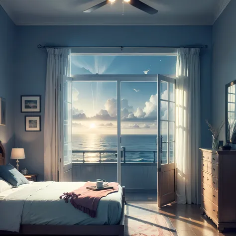 a simple bedroom，the sea is out the window，rays of moonlight， --auto