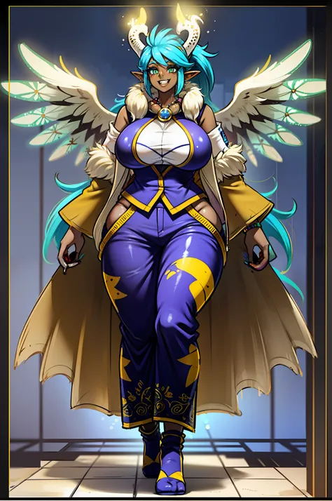 monster girl, dark skinned female, big breast, wings, happy,, coat vest, pants, portrait, 1character, full body,, long skirt