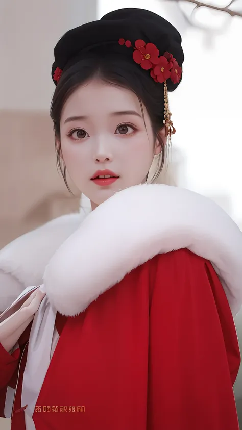 close up of a woman in a red coat and white fur collar, dressed in a beautiful red cloak, palace ， a girl in hanfu, chinese girl...