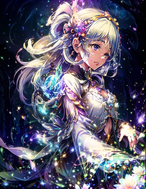 In a realm of enchantment, within a magical forest, a mystical fairy girl emerges, a radiant being adorned in gossamer threads of moonlight. Her dress, woven from petals and stardust, shimmers with an iridescent glow, reflecting the celestial canopy above....