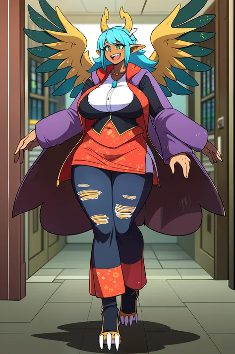 monster girl, dark skinned female, big breast, wings, happy,, coat vest, pants,, 1character, full body,, long skirt