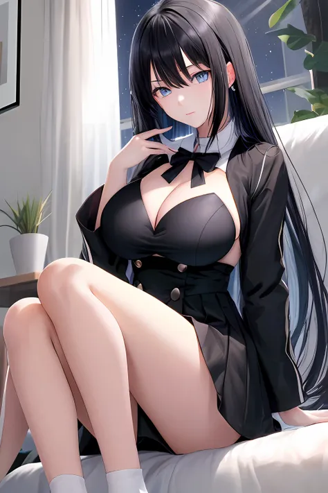 black color hair,teens girl,white skinned,anime big breast,Big chest,legs long,rays of moonlight,,jk,eBlue eyes,校服