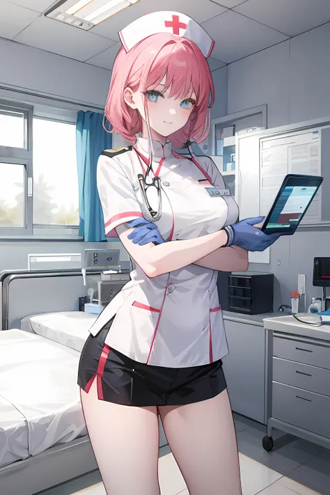master piece, beste-Qualit, detailded, seulement, 1fille, nurse, bas, seductive pose, nurse cap, rideaux de poitrine, Gants, Souriant, attentive, compatissant, interagir, amical, chaleureux, hospital, Medical Clinic, nursing position, chevet du patient, sa...