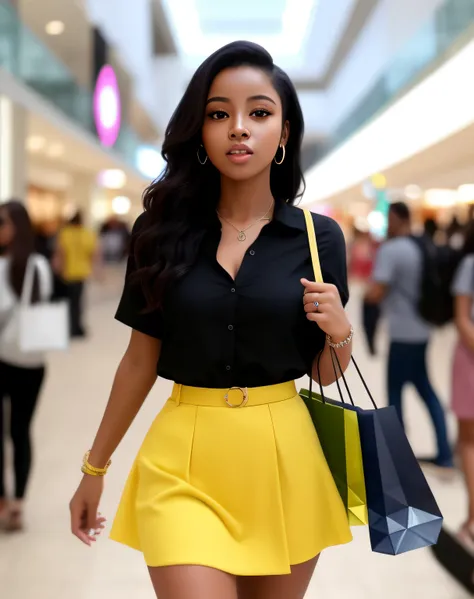 mulher de camisa preta e saia amarela caminhando por um shopping, senhora usando vestido amarelo, aparecer em um shopping center...