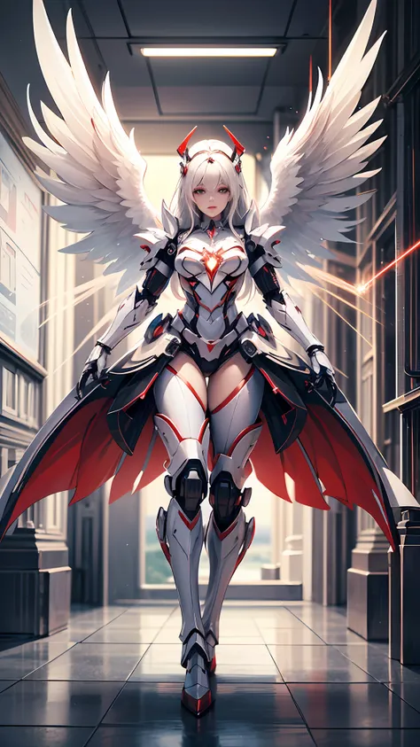 a beauty girl，red color mecha，as graceful as a swan，enchanting，long  white hair，red body，fluorescent line，white hands，lab room，f...