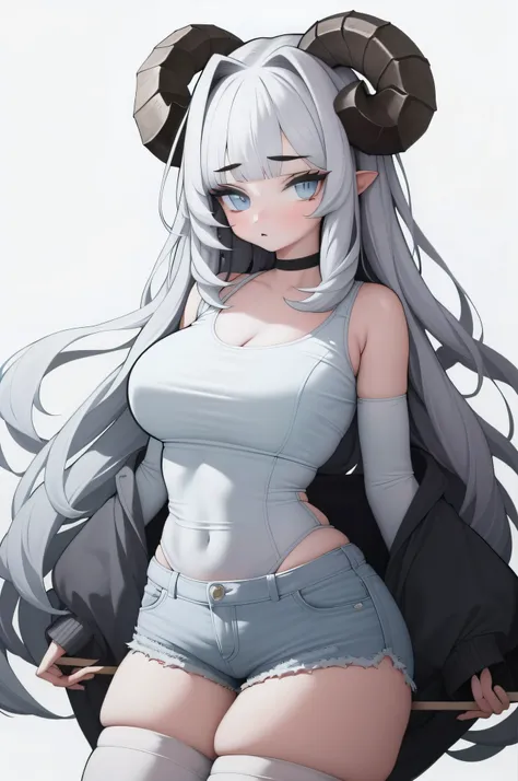 1girl, solo, standing, upper body,
white hair, long hair, curly hair, messy hair, (blunt bangs:1.2), horns, sheep horns, white h...