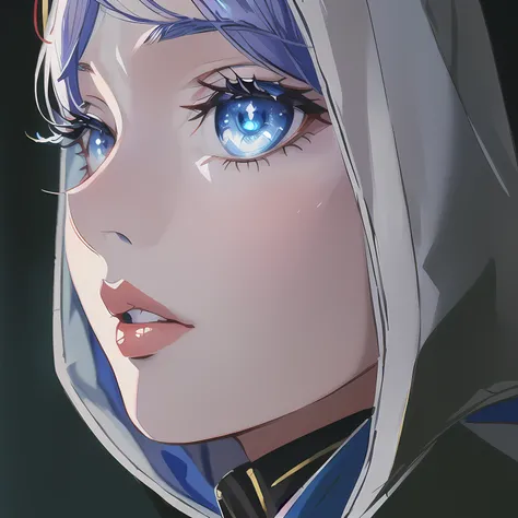 ((close up portrait of middled age woman with a hood on & with big huge giant blue eyes & tiny nose & closed big huge giant full lips!!!:1.5)), she is looking at the camera & her expression is solemn, colorfull anime portait, colorfull anime profile, solem...
