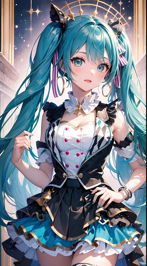 (masterpiece, super detail,) (anatomically correct,) 1anime girl, momomiku, epaulettes, With sparkling eyes and long and fluffy blue hair, she wears a colorful outfit and enchants people with her wonderful voice. Her name is Hatsune Miku, the most famous v...