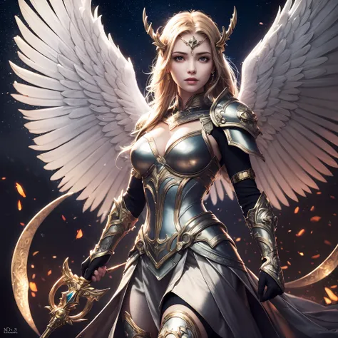 8k, ultra detailed, masterpiece, best quality, (extremely detailed), arafed, dnd art, portrait, full body, aasimar, female, (Masterpiece 1.3, intense details), female, paladin, holy warrior fighting vampire (Masterpiece 1.3, intense details) large angelic ...