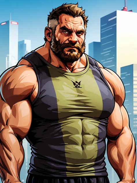 a portrait huge muscular old man standing wearing tank top, half body, mwvector, city background